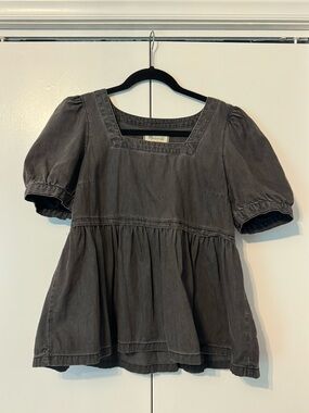 Madewell Washed Black Puff Sleeve Peplum Top - 100% Cotton